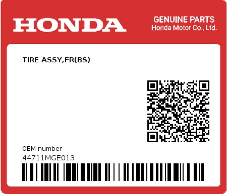 Product image: Honda - 44711MGE013 - TIRE ASSY,FR(BS)  0