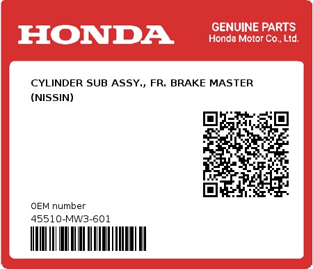 Product image: Honda - 45510-MW3-601 - CYLINDER SUB ASSY., FR. BRAKE MASTER (NISSIN)  0