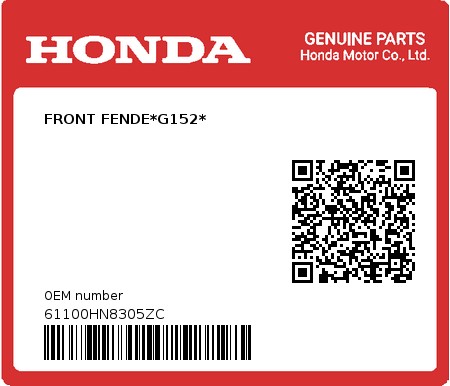 Product image: Honda - 61100HN8305ZC - FRONT FENDE*G152*  0
