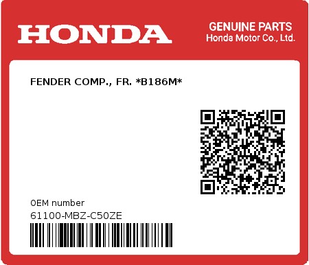 Product image: Honda - 61100-MBZ-C50ZE - FENDER COMP., FR. *B186M*  0