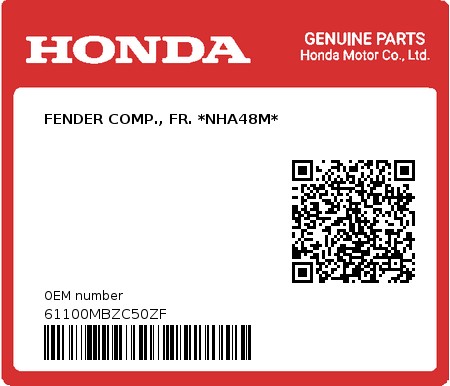 Product image: Honda - 61100MBZC50ZF - FENDER COMP., FR. *NHA48M*  0