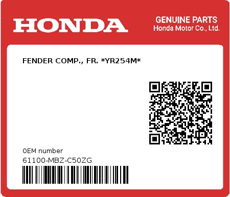 Product image: Honda - 61100-MBZ-C50ZG - FENDER COMP., FR. *YR254M*  0
