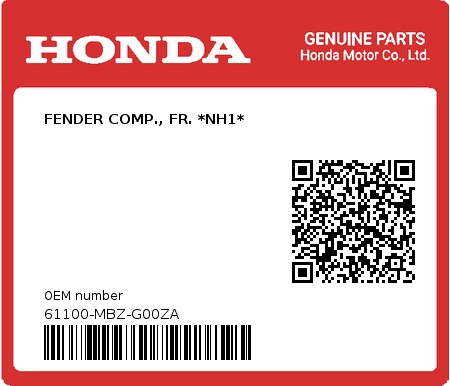 Product image: Honda - 61100-MBZ-G00ZA - FENDER COMP., FR. *NH1*  0