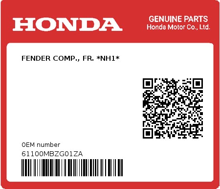 Product image: Honda - 61100MBZG01ZA - FENDER COMP., FR. *NH1*  0