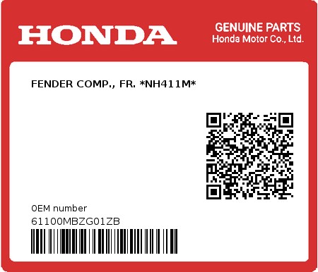 Product image: Honda - 61100MBZG01ZB - FENDER COMP., FR. *NH411M*  0