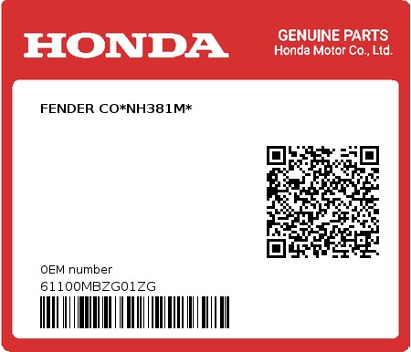 Product image: Honda - 61100MBZG01ZG - FENDER CO*NH381M*  0