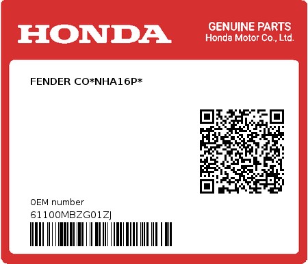 Product image: Honda - 61100MBZG01ZJ - FENDER CO*NHA16P*  0