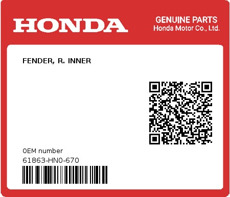Product image: Honda - 61863-HN0-670 - FENDER, R. INNER  0