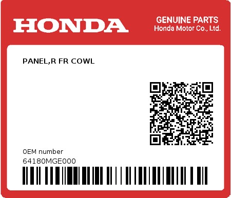 Product image: Honda - 64180MGE000 - PANEL,R FR COWL  0