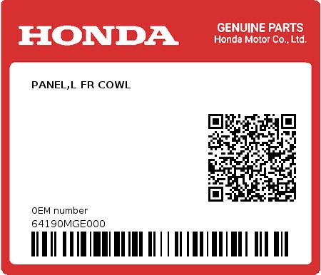 Product image: Honda - 64190MGE000 - PANEL,L FR COWL  0