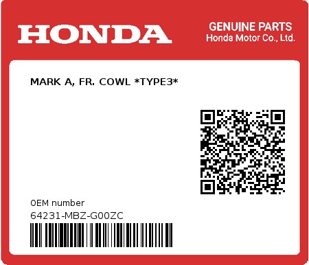 Product image: Honda - 64231-MBZ-G00ZC - MARK A, FR. COWL *TYPE3*  0