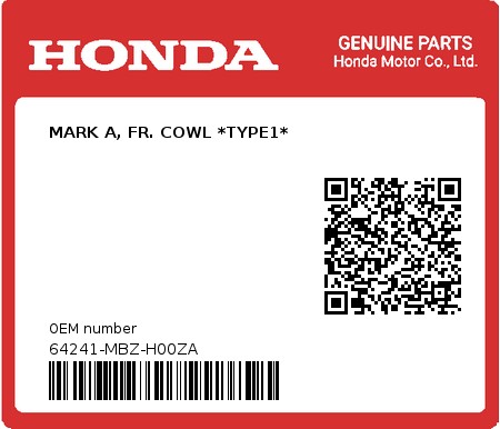 Product image: Honda - 64241-MBZ-H00ZA - MARK A, FR. COWL *TYPE1*  0