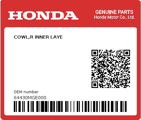 Product image: Honda - 64430MGE000 - COWL,R INNER LAYE  0