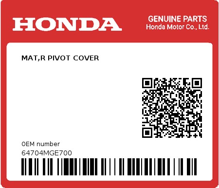 Product image: Honda - 64704MGE700 - MAT,R PIVOT COVER  0