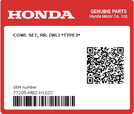 Product image: Honda - 77205-MBZ-H10ZC - COWL SET, RR. (WL) *TYPE3*  0