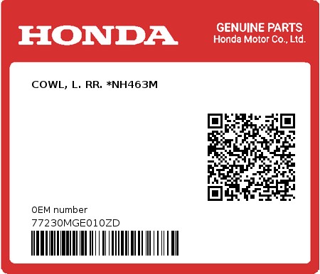 Product image: Honda - 77230MGE010ZD - COWL, L. RR. *NH463M  0
