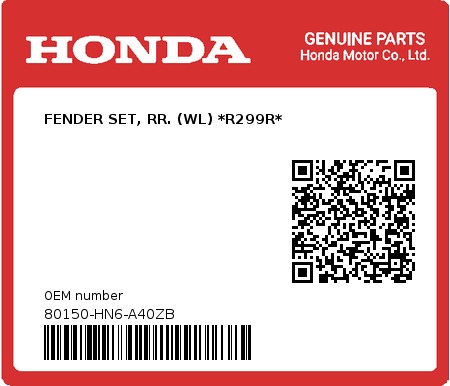 Product image: Honda - 80150-HN6-A40ZB - FENDER SET, RR. (WL) *R299R*  0