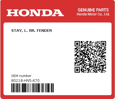 Product image: Honda - 80218-HN5-670 - STAY, L. RR. FENDER  0