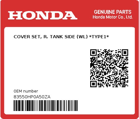 Product image: Honda - 83550HP0A50ZA - COVER SET, R. TANK SIDE (WL) *TYPE1*  0