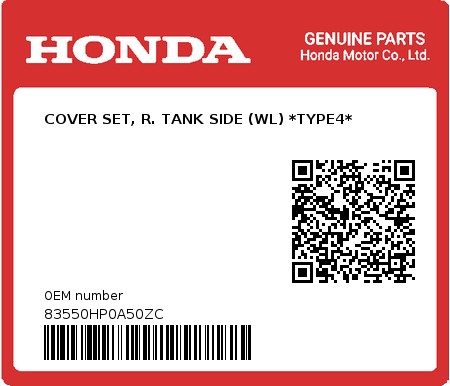 Product image: Honda - 83550HP0A50ZC - COVER SET, R. TANK SIDE (WL) *TYPE4*  0