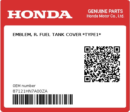 Product image: Honda - 87121HN7A00ZA - EMBLEM, R. FUEL TANK COVER *TYPE1*  0