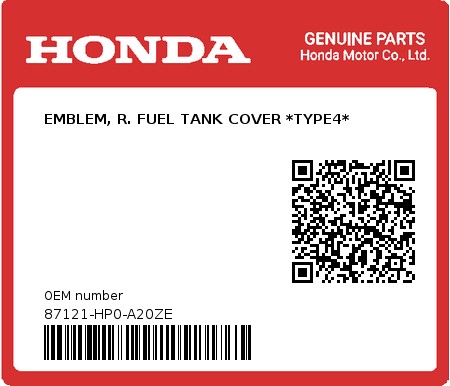 Product image: Honda - 87121-HP0-A20ZE - EMBLEM, R. FUEL TANK COVER *TYPE4*  0