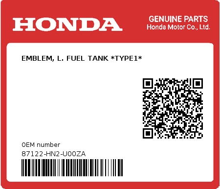 Product image: Honda - 87122-HN2-U00ZA - EMBLEM, L. FUEL TANK *TYPE1*  0