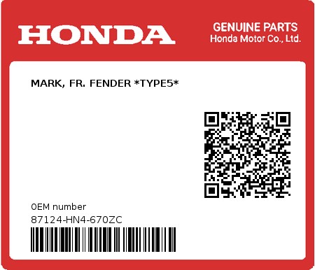 Product image: Honda - 87124-HN4-670ZC - MARK, FR. FENDER *TYPE5*  0