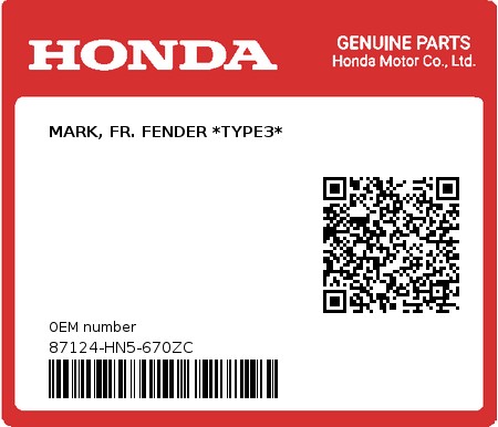 Product image: Honda - 87124-HN5-670ZC - MARK, FR. FENDER *TYPE3*  0