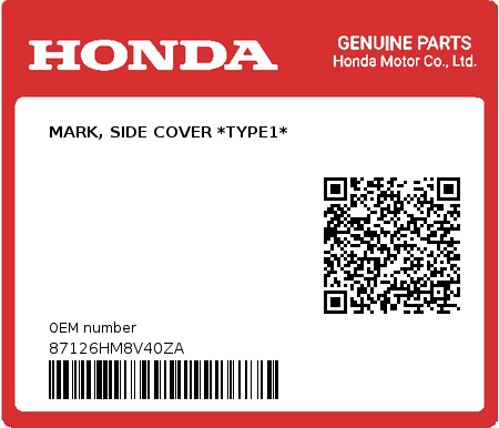 Product image: Honda - 87126HM8V40ZA - MARK, SIDE COVER *TYPE1*  0