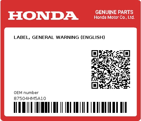 Product image: Honda - 87504HM5A10 - LABEL, GENERAL WARNING (ENGLISH)  0