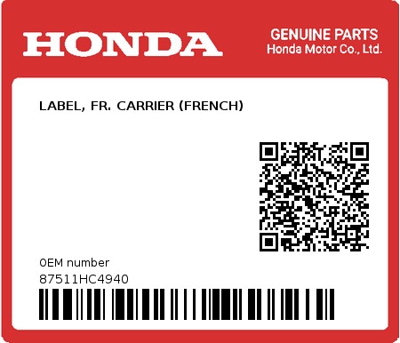 Product image: Honda - 87511HC4940 - LABEL, FR. CARRIER (FRENCH)  0