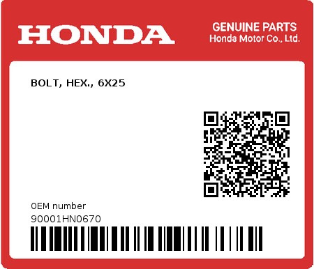 Product image: Honda - 90001HN0670 - BOLT, HEX., 6X25  0