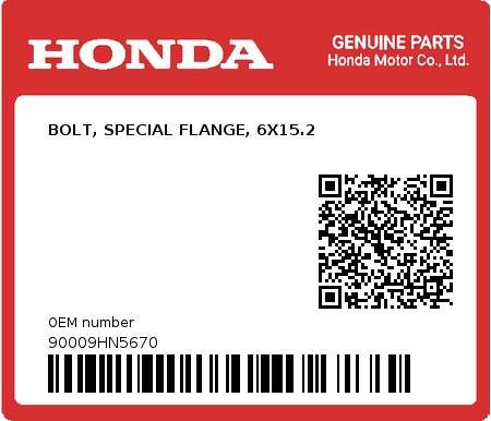 Product image: Honda - 90009HN5670 - BOLT, SPECIAL FLANGE, 6X15.2  0