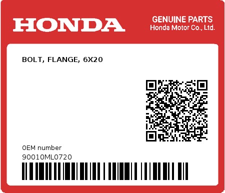 Product image: Honda - 90010ML0720 - BOLT, FLANGE, 6X20  0