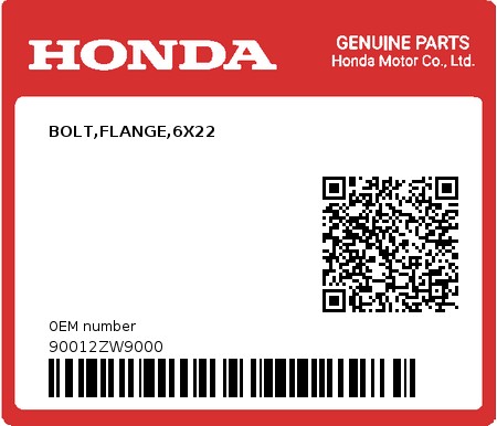 Product image: Honda - 90012ZW9000 - BOLT,FLANGE,6X22  0