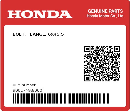 Product image: Honda - 90017MA6000 - BOLT, FLANGE, 6X45.5  0