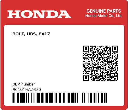 Product image: Honda - 90101HA7670 - BOLT, UBS, 8X17  0