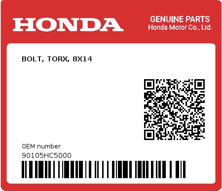 Product image: Honda - 90105HC5000 - BOLT, TORX, 8X14  0