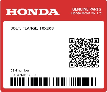 Product image: Honda - 90107MBZG00 - BOLT, FLANGE, 10X208  0