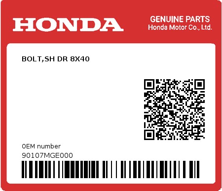 Product image: Honda - 90107MGE000 - BOLT,SH DR 8X40  0