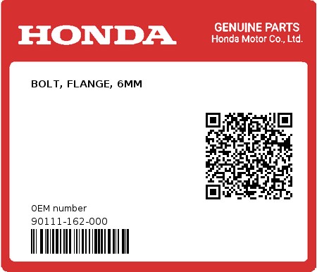 Product image: Honda - 90111-162-000 - BOLT, FLANGE, 6MM  0