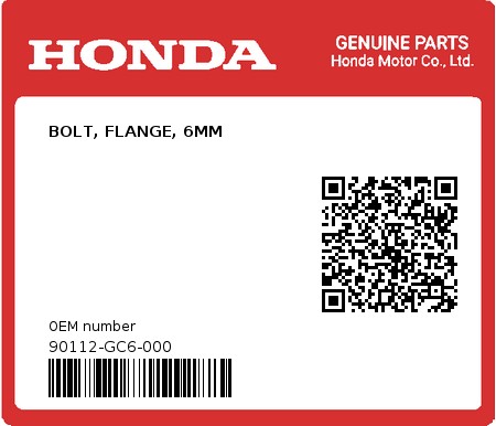 Product image: Honda - 90112-GC6-000 - BOLT, FLANGE, 6MM  0