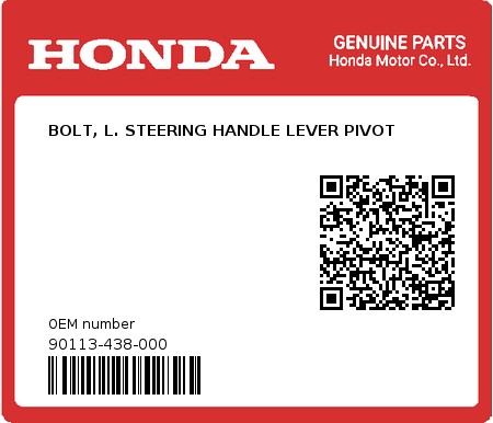 Product image: Honda - 90113-438-000 - BOLT, L. STEERING HANDLE LEVER PIVOT  0