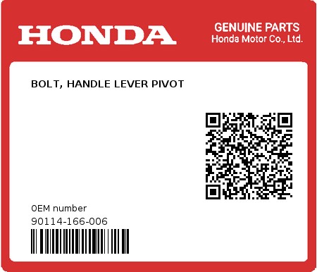 Product image: Honda - 90114-166-006 - BOLT, HANDLE LEVER PIVOT  0