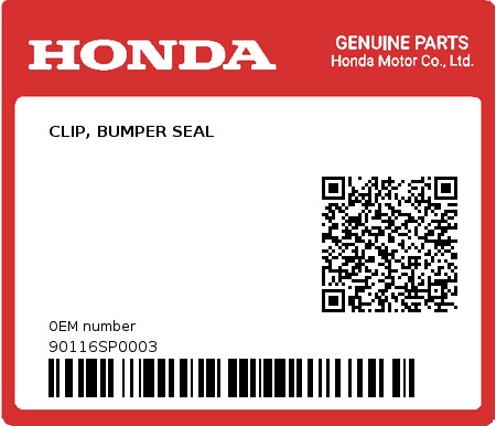 Product image: Honda - 90116SP0003 - CLIP, BUMPER SEAL  0