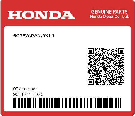 Product image: Honda - 90117MFLD20 - SCREW,PAN,6X14  0
