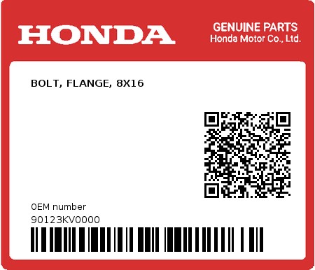 Product image: Honda - 90123KV0000 - BOLT, FLANGE, 8X16  0