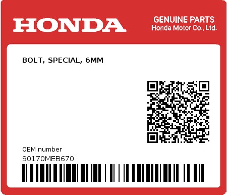 Product image: Honda - 90170MEB670 - BOLT, SPECIAL, 6MM  0