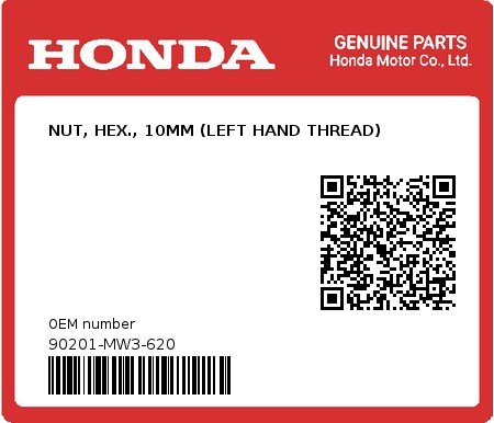 Product image: Honda - 90201-MW3-620 - NUT, HEX., 10MM (LEFT HAND THREAD)  0